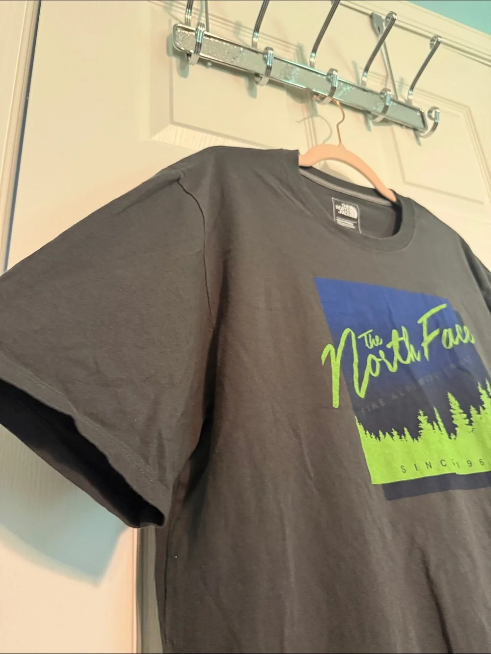 The North Face Charcoal Gray Tee with Blue & Neon Green Graphic